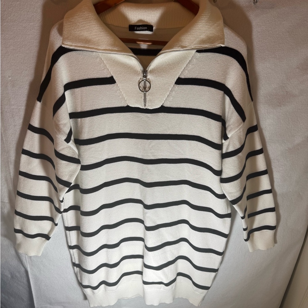 Striped Quarter-Zip Sweater Dress with Silver Ring Pull